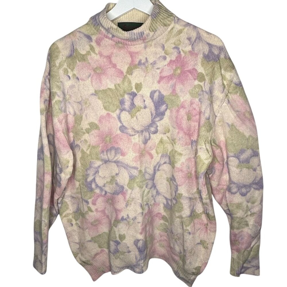 VTG Silvano Floral Sweater Lambswool Blend Pink Purple Cottagecore Size Large